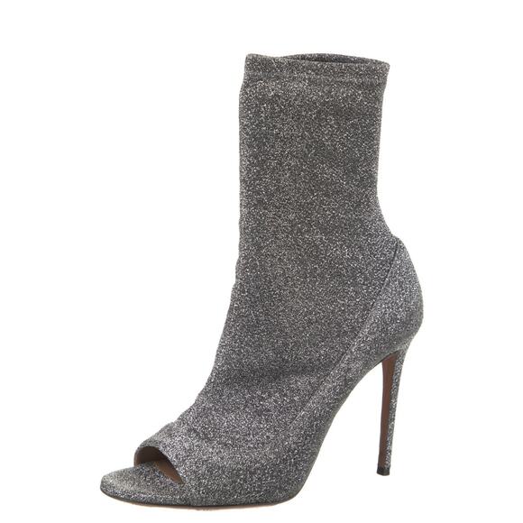 Aquazzura Eclair Bootie 105 Silver Metallic Lurex Peep Toe Stiletto Heel 36.5 - Picture 2 of 14